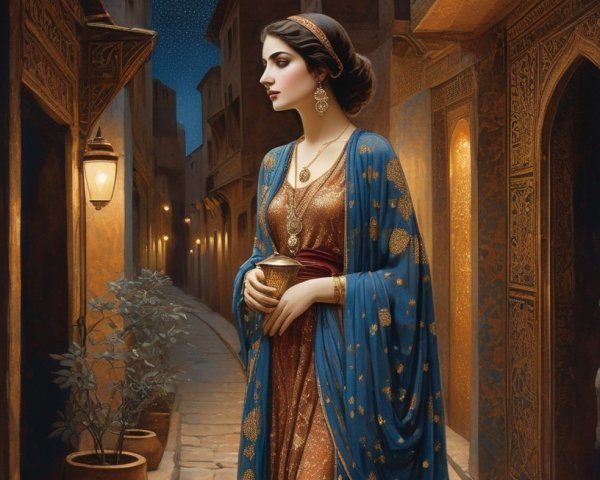 Elegant Woman in Adorned Dress in Dusk Alleyway