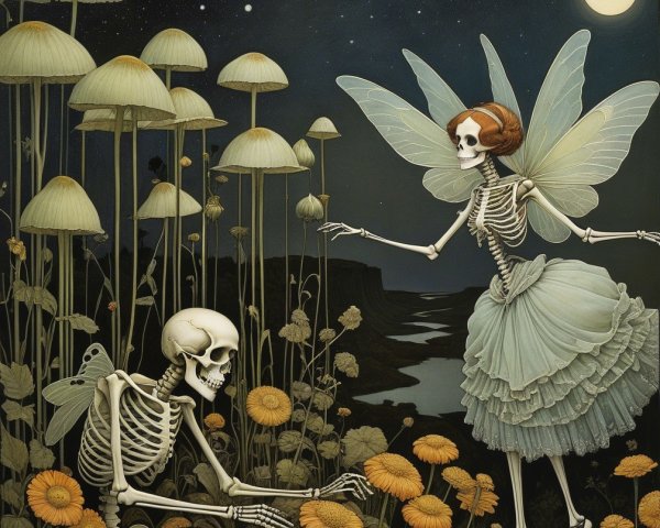 Skeletal Fairy and Skeleton in Moonlit Garden Scene