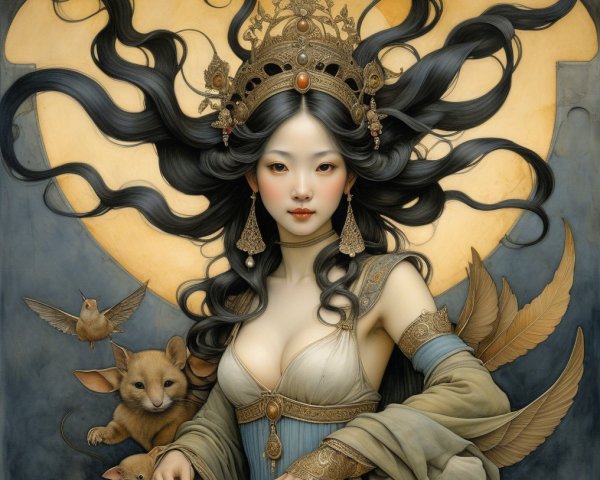 Regal Woman with Crown Surrounded by Playful Animals