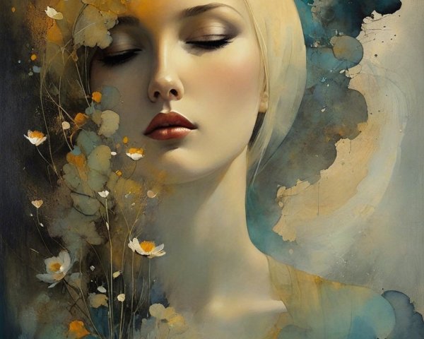 Serene Woman Surrounded by Flowers and Abstract Shapes