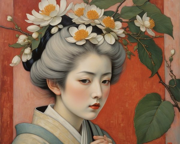 Young woman with gray hair and floral crown in red背景
