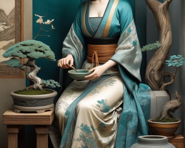 Woman in Traditional Attire Caring for Bonsai Tree
