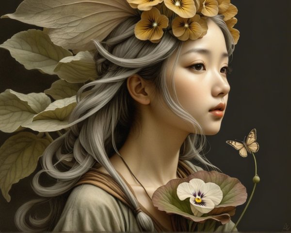 Portrait of a Young Woman with Silver Hair and Flowers