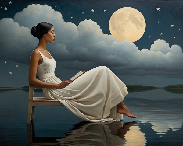 Woman in White Dress Reading by Calm Waters at Night