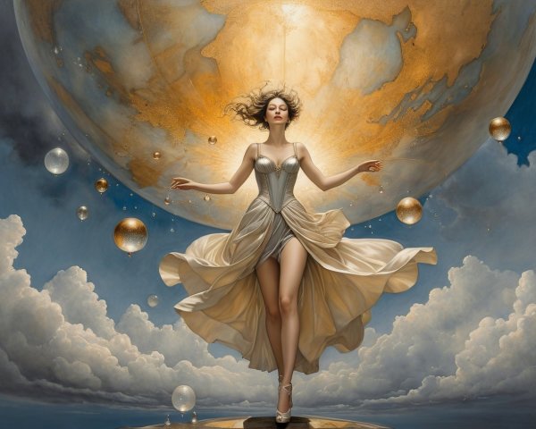 Ethereal Woman in Cream Gown with Golden Planet