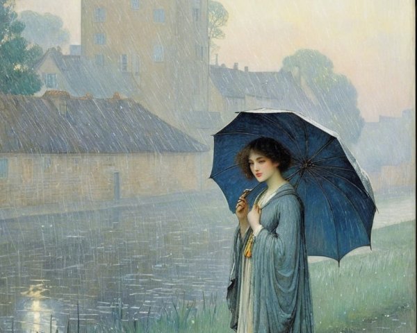 Woman with blue umbrella by tranquil river in rain