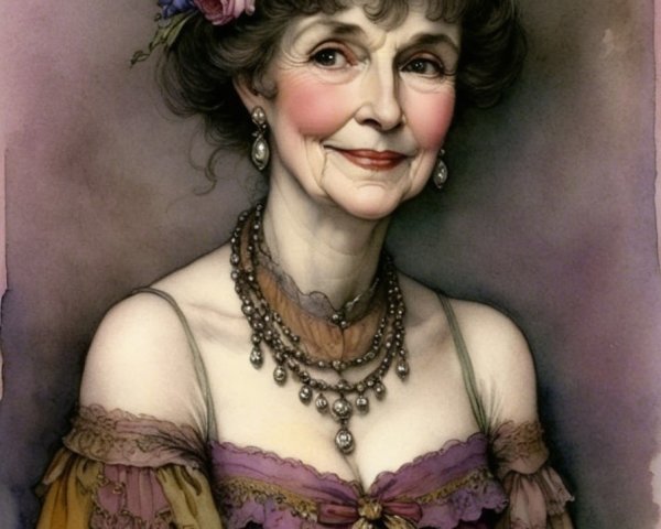 Elegant Elderly Woman in Floral Headpiece and Gown