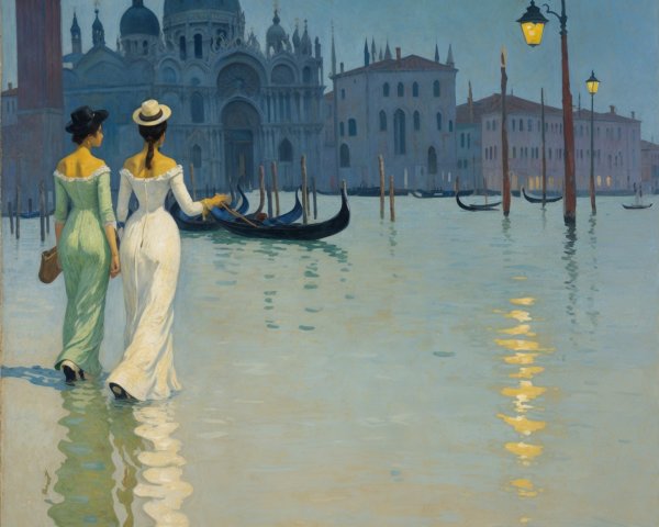 Elegant Women Strolling by Water in Venice Painting