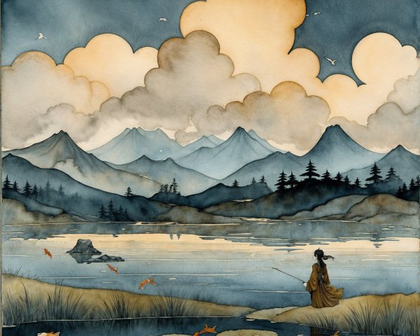 Serene Landscape with Fisherman by Tranquil Lake