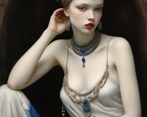 Pale-skinned woman in white gown and blue gemstone jewelry poses against dark backdrop