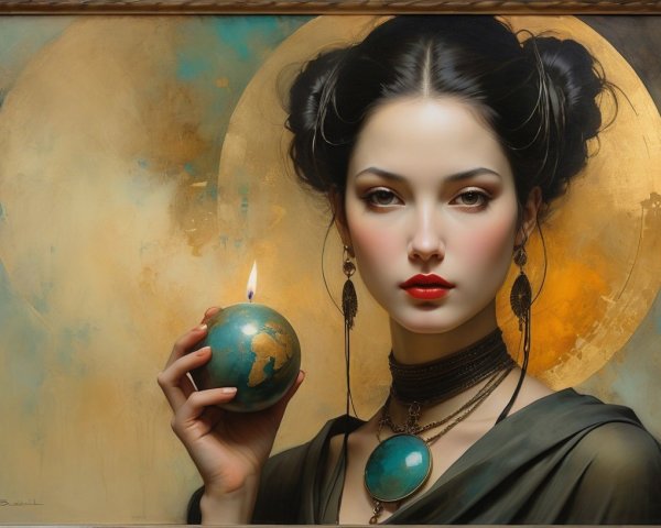 Portrait of a serene woman with globe and candle