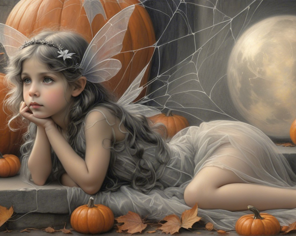 Dreamy Fairy Girl Amidst Autumn Leaves and Moonlight