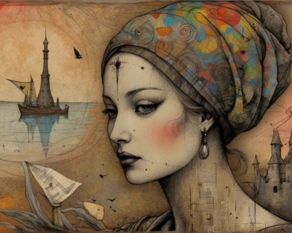 Stylized portrait of a woman in a colorful landscape