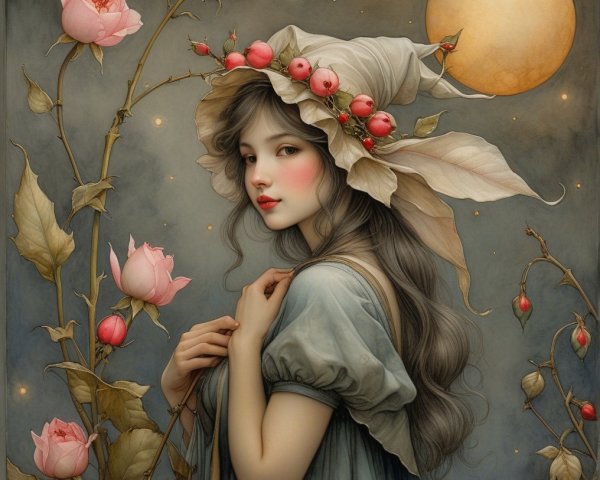 Young Woman in Blue Dress Under Starry Night Sky