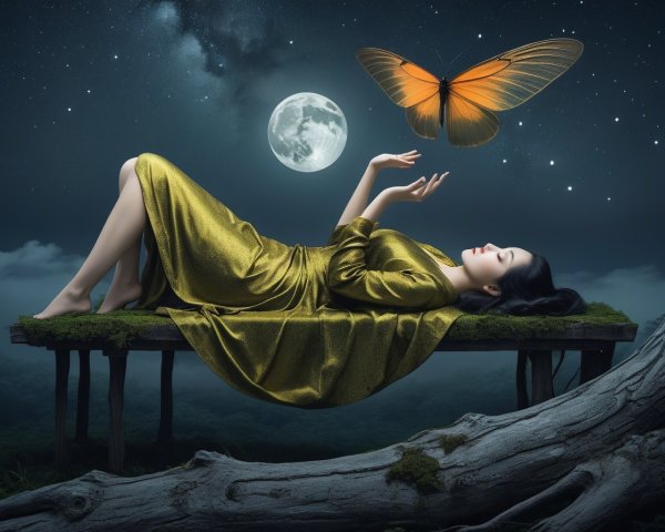 Serene Night Scene with Woman and Butterfly