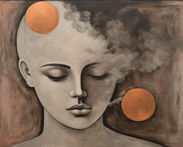 Serene Figure with Circular Orange Shapes and Smoke