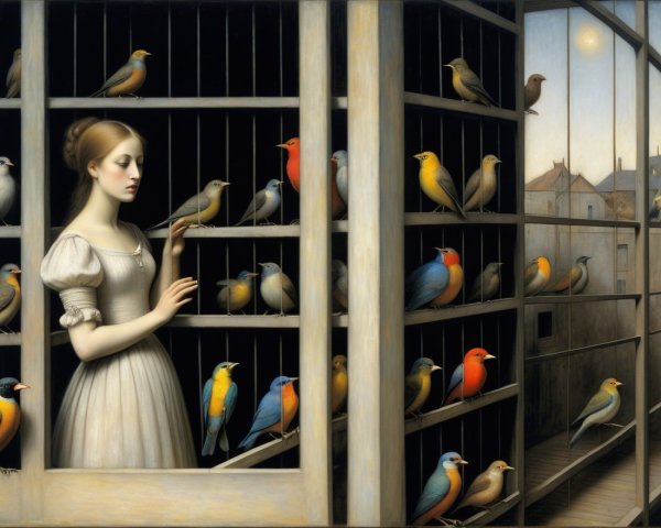 Young Woman with Vintage Dress and Colorful Birds