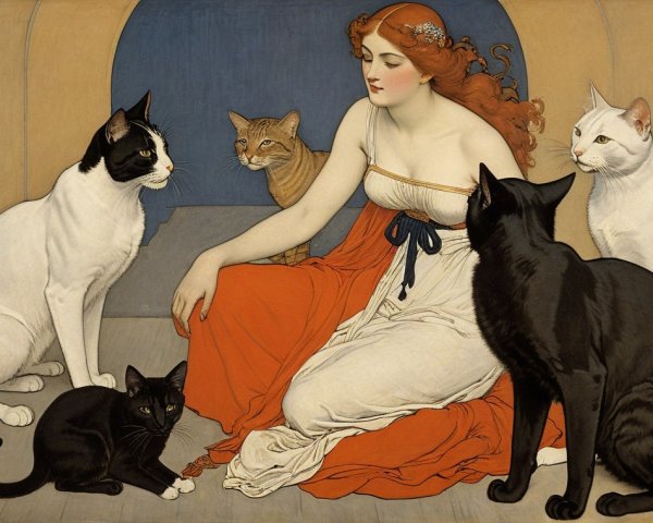 Serene Woman in White Dress Surrounded by Cats