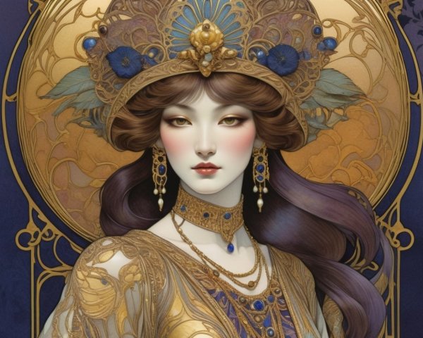 Elegant woman portrait with ornate headdress and gold jewelry