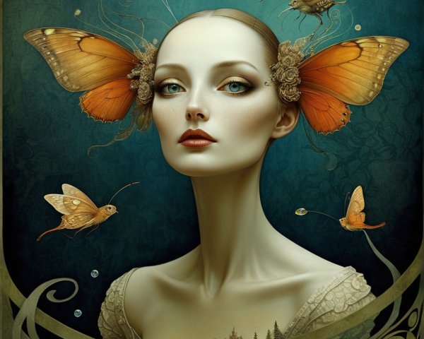 Surreal Woman with Butterfly Wings and Floral Accents