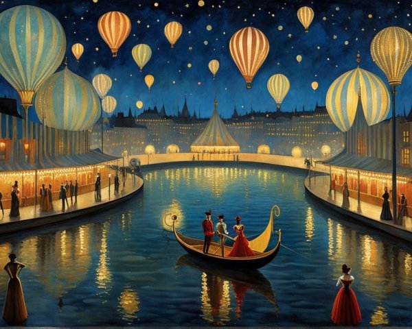 Charming Night Scene with Hot Air Balloons by River