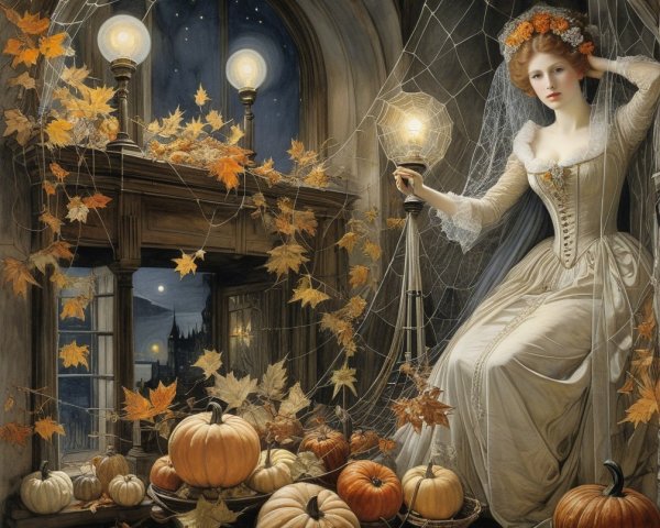 Serene Woman in White Gown Surrounded by Pumpkins