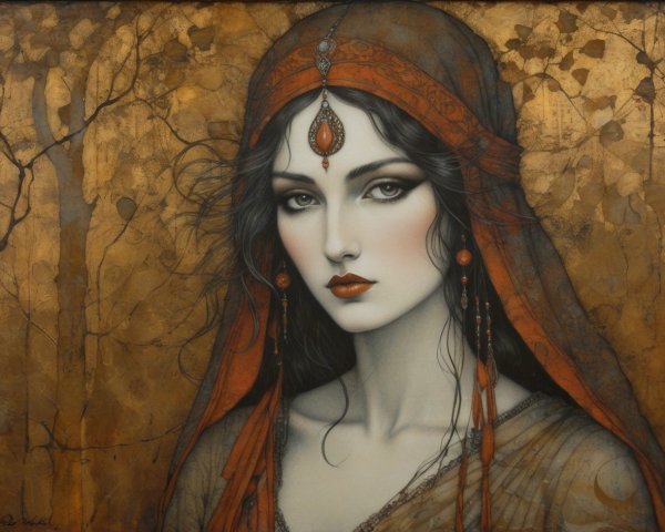 Digital Painting of Young Woman in Dark Red Attire