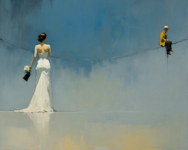 Woman in Wedding Dress on Tightrope with Man Nearby