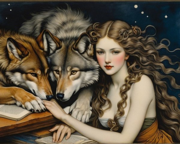 Young Woman with Wolves Under Starry Night Sky