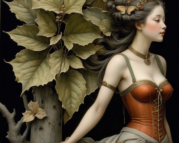 Serene Woman in Corset Surrounded by Nature's Beauty