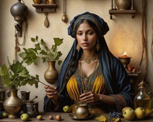 Portrait of a Woman with Blue Headscarf and Table Setting