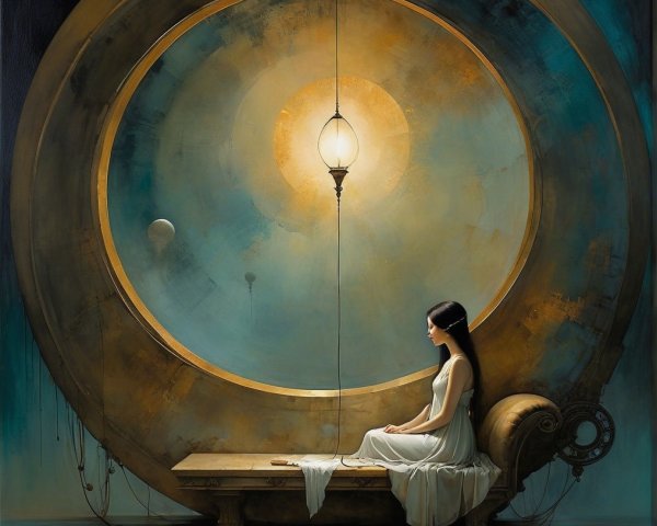 Young woman in white dress by circular window with light