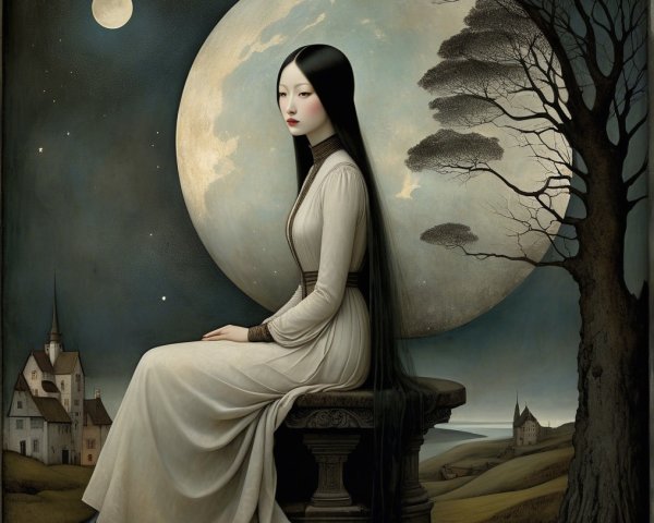 Serene Figure in White Gown Under Luminous Moon
