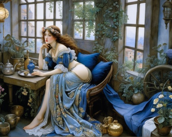Serene Room with Woman in Blue Gown and Greenery
