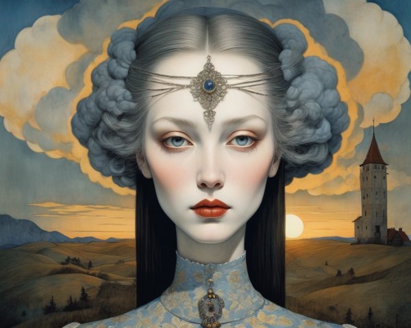 Young Woman in Ornate Garment Against Serene Sunset