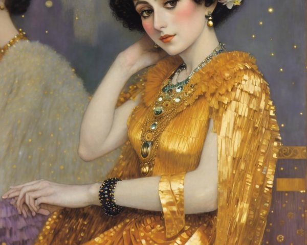 Glamorous Woman in Golden Dress with Floral Accents