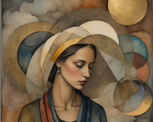 Serene Woman Surrounded by Geometric Shapes and Colors