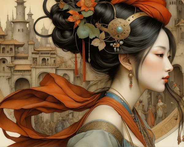 Serene woman in ornate robe with ancient city backdrop