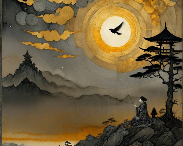 Serene landscape with woman fishing and mountains