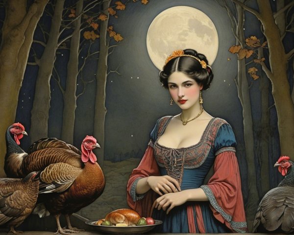 Woman in Vintage Dress Surrounded by Turkeys at Night