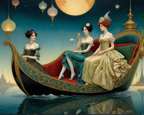Elegant Women in Gondola Under Moonlit Sky