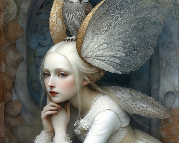 Serene Young Woman with Owl and Ethereal Wings