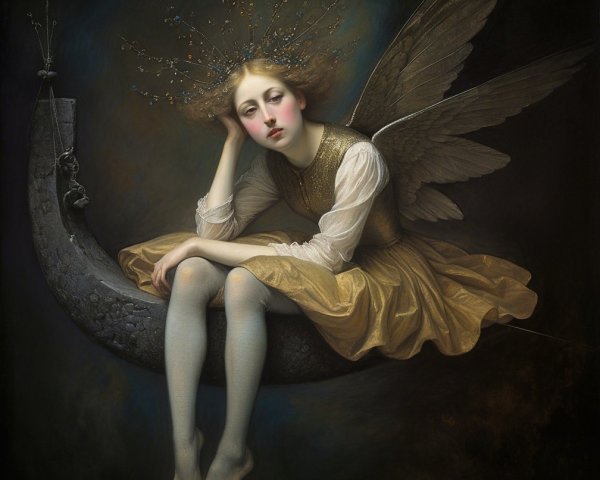 Serene figure on crescent moon with flowing gown and wings