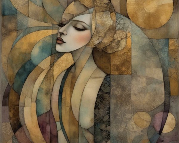 Stylized Woman Amid Geometric Shapes in Muted Tones