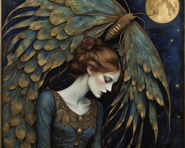 Profile of a Serene Woman with Moth Wings and Moonlight