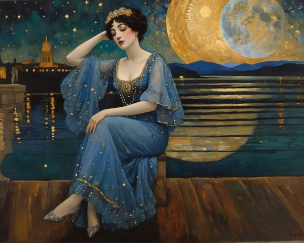 Serene Woman in Blue Gown by Tranquil Water Scene