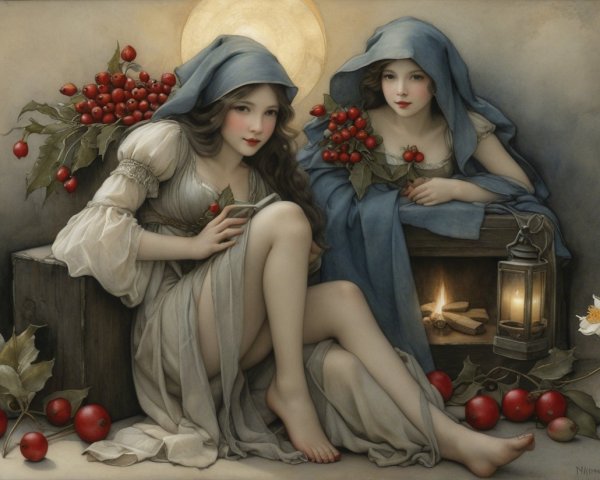 Young Women in Serene Setting with Apples and Lantern
