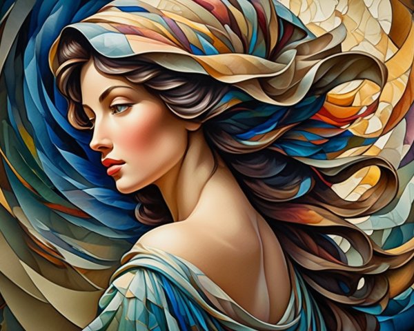 Vibrant stylized illustration of a woman with flowing blue, brown, and gold hair.