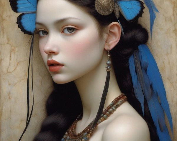 Portrait of young woman with pale skin, black hair, and butterfly wings, wearing ornate jewelry