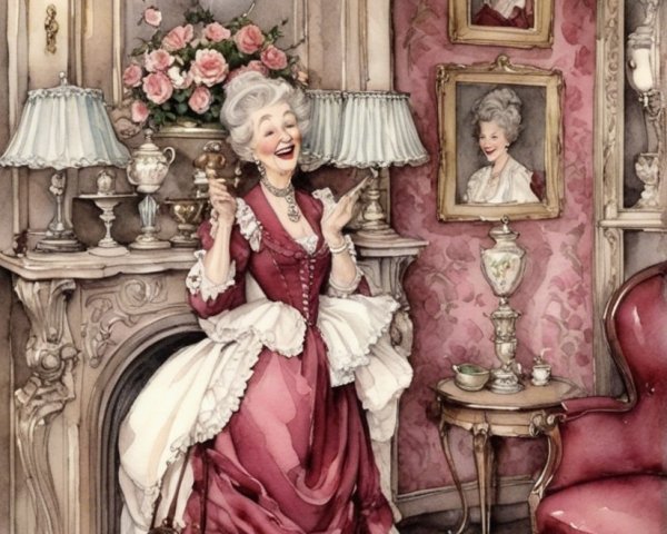 Lively Woman in Burgundy Dress by Ornate Fireplace